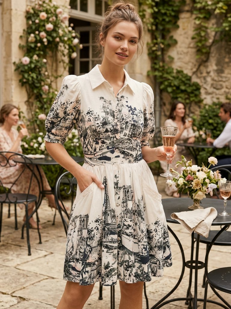 Maeve Cream And Black Scenic Print Mini Shirt Dress With Puff Sleeves